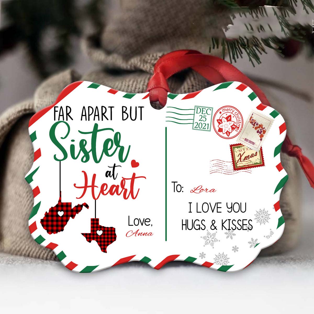 Far Apart But Sister At Heart letter ornament