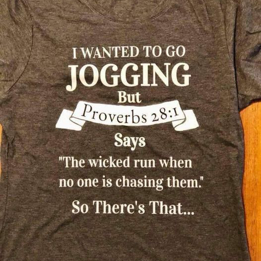 I wanted to go jogging but proverbs 28 I says the wicked run when no one is chasing them so there's that shirt
