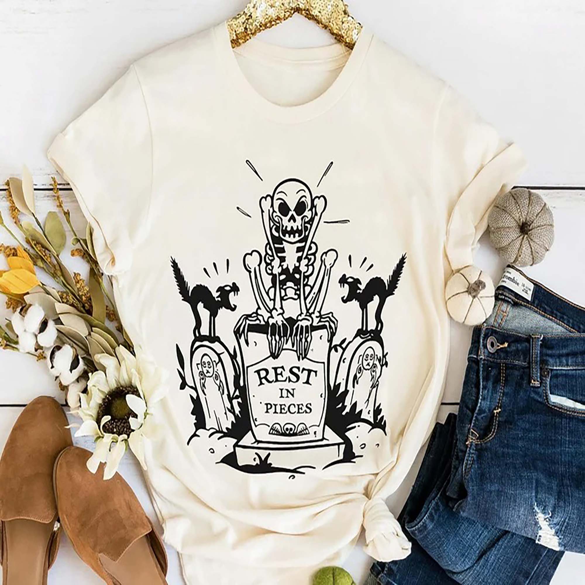 Rest In Pieces Skeleton Cat Black Halloween shirt