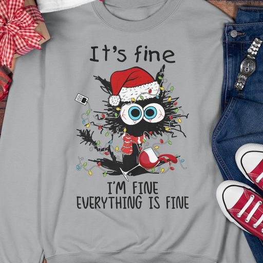 Black cat crazy it's fine i'm fine everything is fine christmas shirt